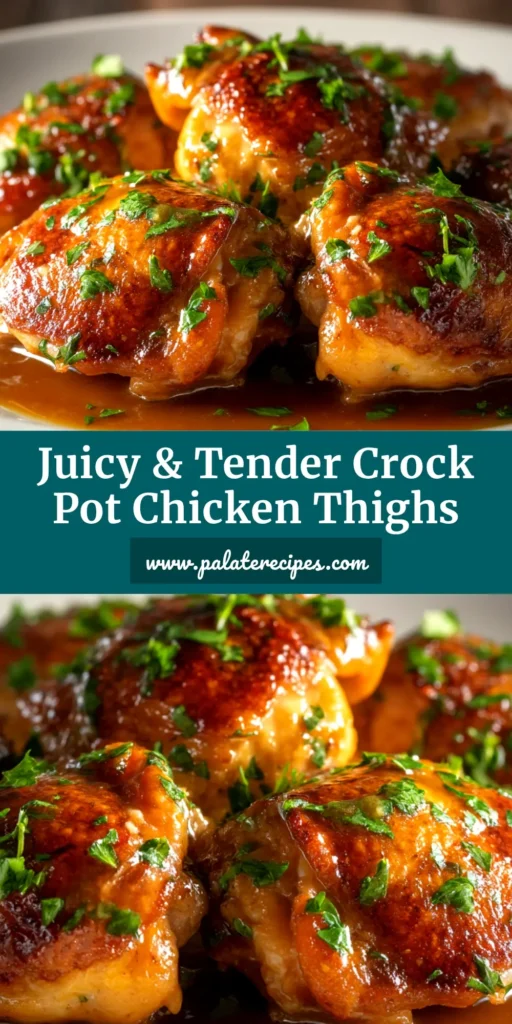 A close-up of juicy Crock Pot Chicken Thighs in a slow cooker, coated in a rich, dark glaze and garnished with fresh parsley.