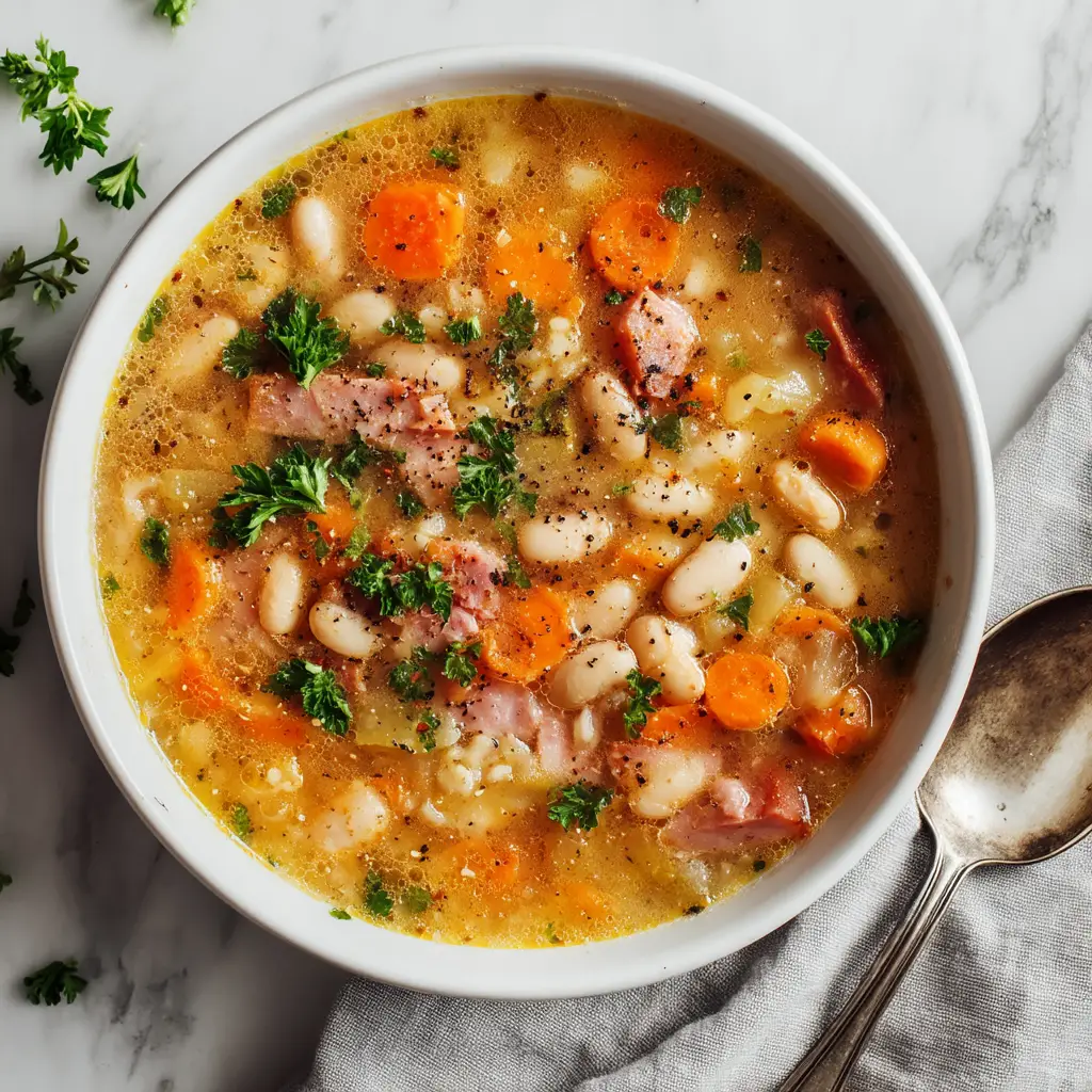 Slow Cooker Ham and Bean Soup (The Ultimate Comfort Food) 3 An overhead close-up shot of hearty crockpot ham and bean soup in a dark bowl, highlighting the tender beans and chunks of ham.