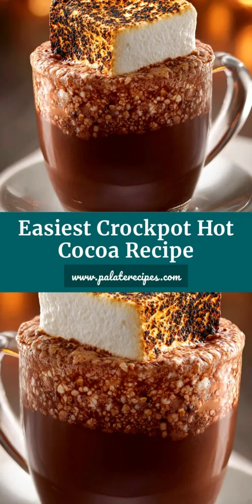 A warm mug of rich and creamy Crockpot Hot Cocoa topped with mini marshmallows, perfect for serving a crowd.