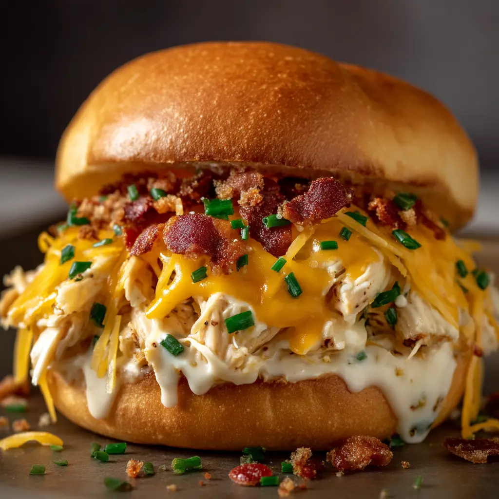 An assembled crockpot shredded chicken sandwich on a soft bun, viewed from the side to show how much tender chicken is piled high inside.