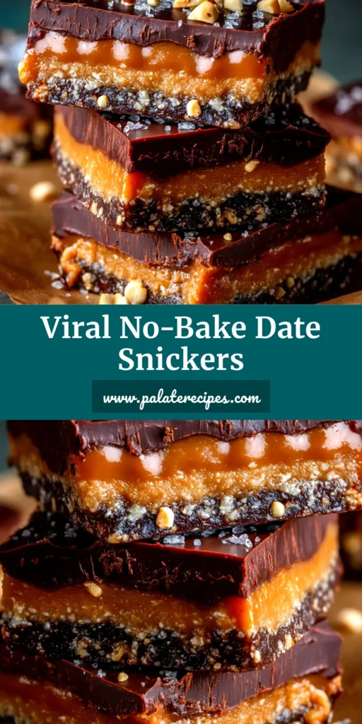 Date Snickers Recipe (The Viral Healthy Treat) 4 An overhead shot of homemade Date Snickers on a plate. This viral Date Snickers Recipe is a healthy, no-bake dessert made with Medjool dates, peanut butter, and dark chocolate.