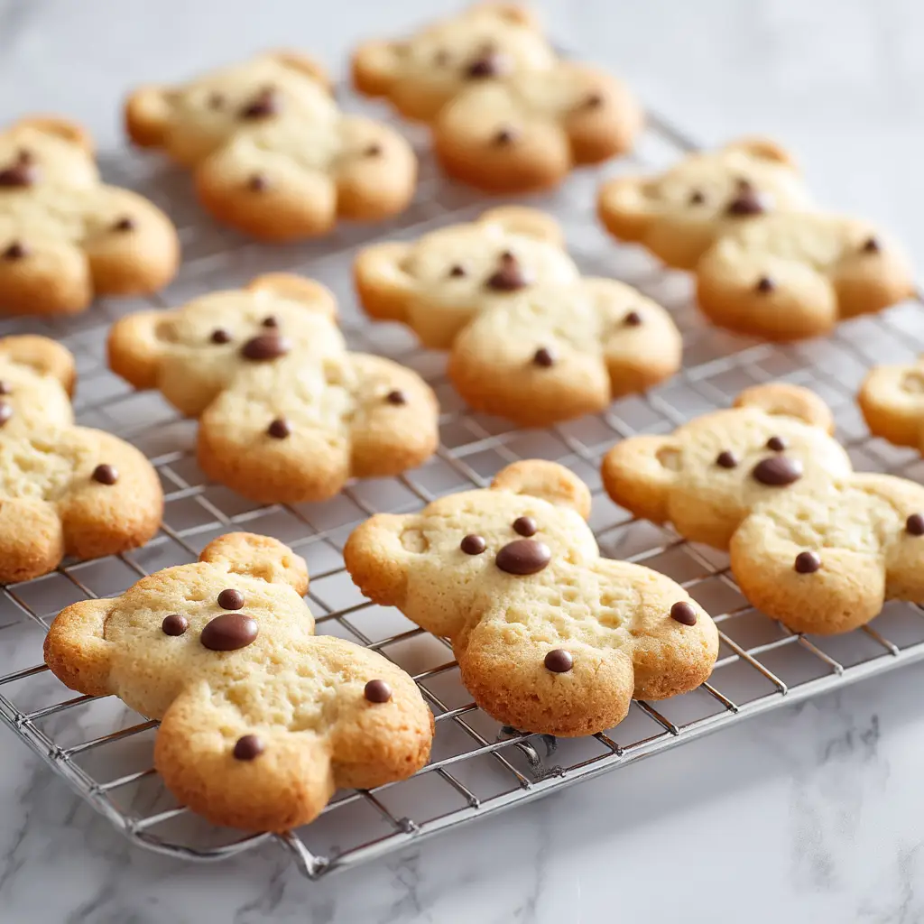 A hand decorating a chocolate chip bear cookie with melted chocolate to create a cute face. This shows the final step of the recipe.
