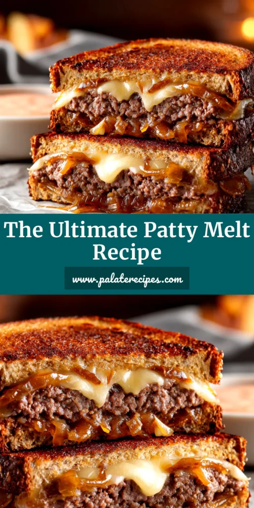 A delicious homemade Patty Melt Recipe served on a plate. The sandwich is sliced in half, revealing a juicy beef patty, melted cheese, and caramelized onions on toasted rye bread.