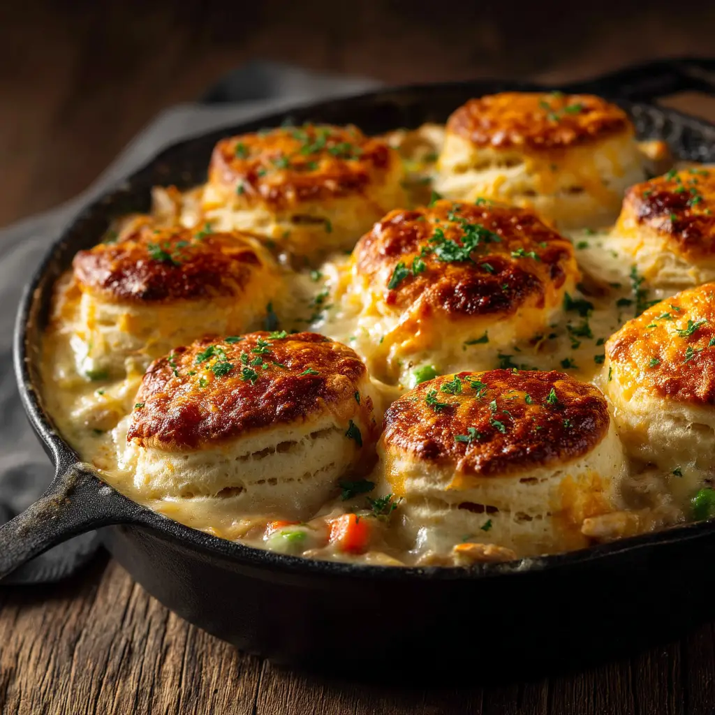 Red Lobster Biscuit Chicken Pot Pie (The Ultimate Copycat Recipe) 2 A finished Red Lobster Biscuit Chicken Pot Pie casserole, baked to a perfect golden brown in a skillet and ready to be served for a comforting dinner.