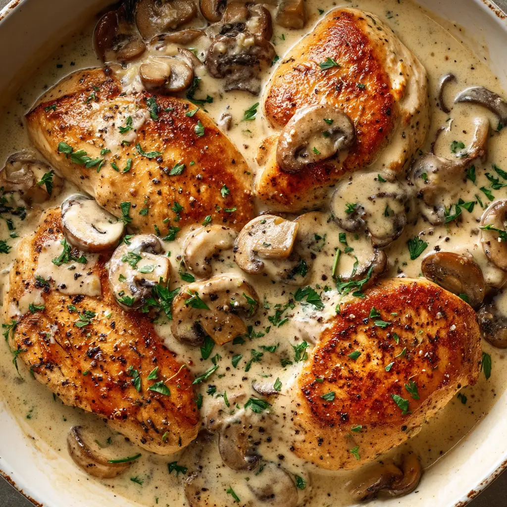 Boursin Chicken: The Creamy, Dreamy 30-Minute Dinner 2 A close-up of the Boursin chicken simmering in the skillet, showing the rich texture of the garlic and herb cream sauce.
