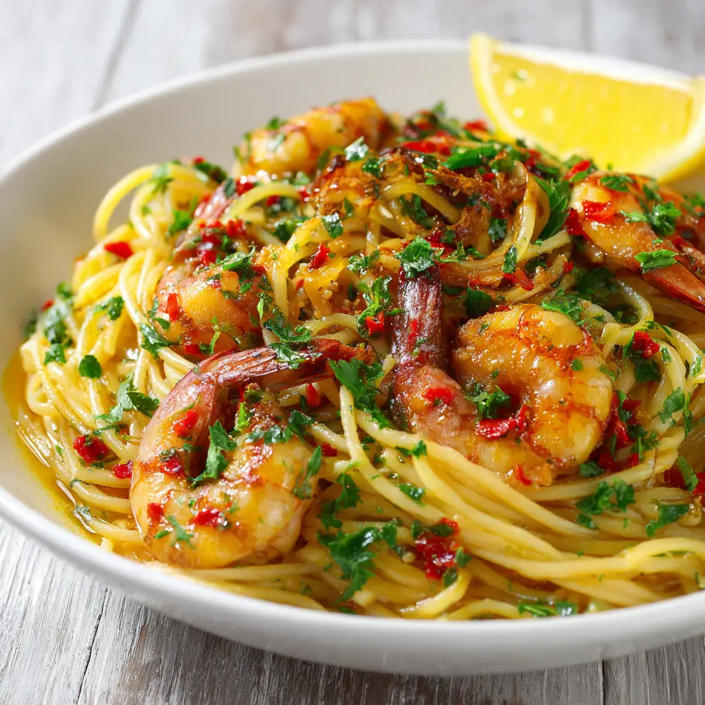 A final plated serving of garlic shrimp linguine, with a fork twirling the pasta to showcase the light sauce and juicy prawns.