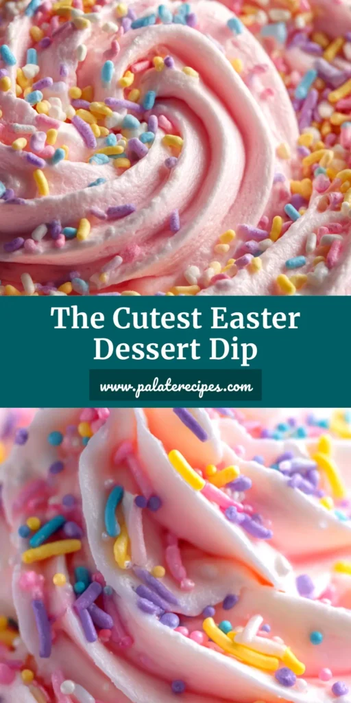 Easter Dessert Dip: The Perfect 10-Minute No-Bake Treat 4 A bowl of colorful pastel Easter dessert dip topped with festive sprinkles, surrounded by a variety of dippers like cookies, pretzels, and fruit.