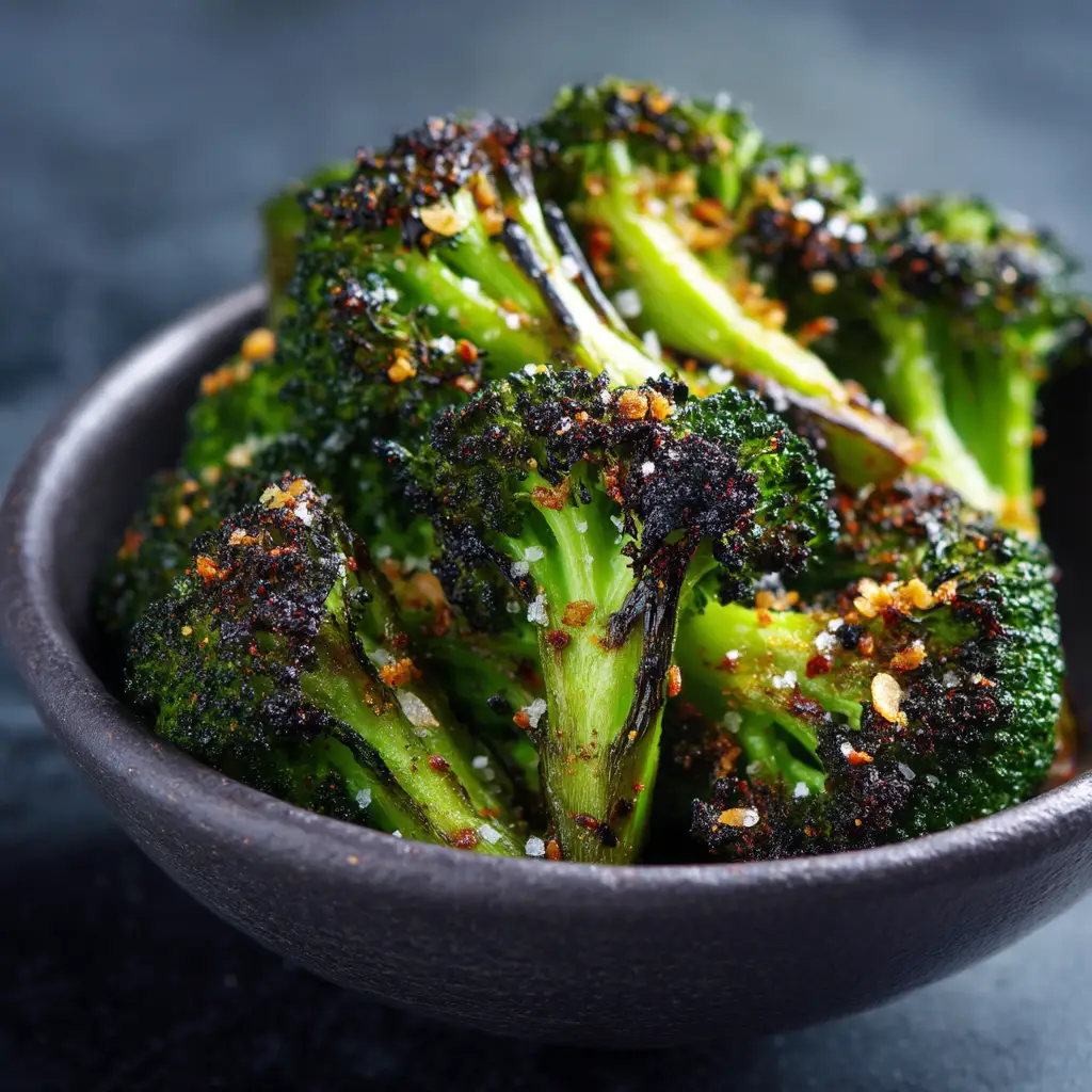 A side angle of a bowl of easy garlic broccoli made in the air fryer, garnished and ready to serve.