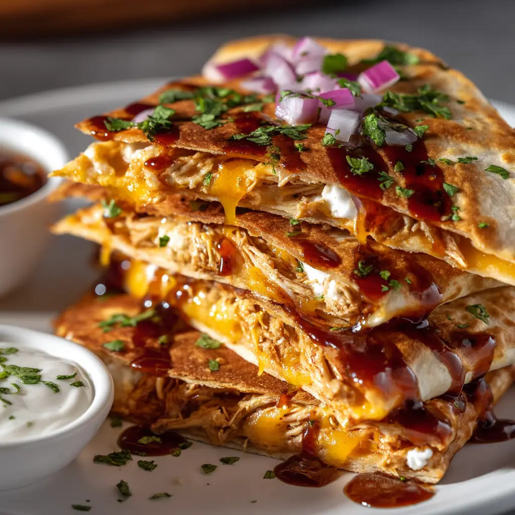 Hot Honey BBQ Chicken Quesadillas (The Ultimate Cheesy Recipe) 2 Two halves of a hot honey chicken quesadilla stacked on a plate, ready to be served for an easy weeknight dinner.
