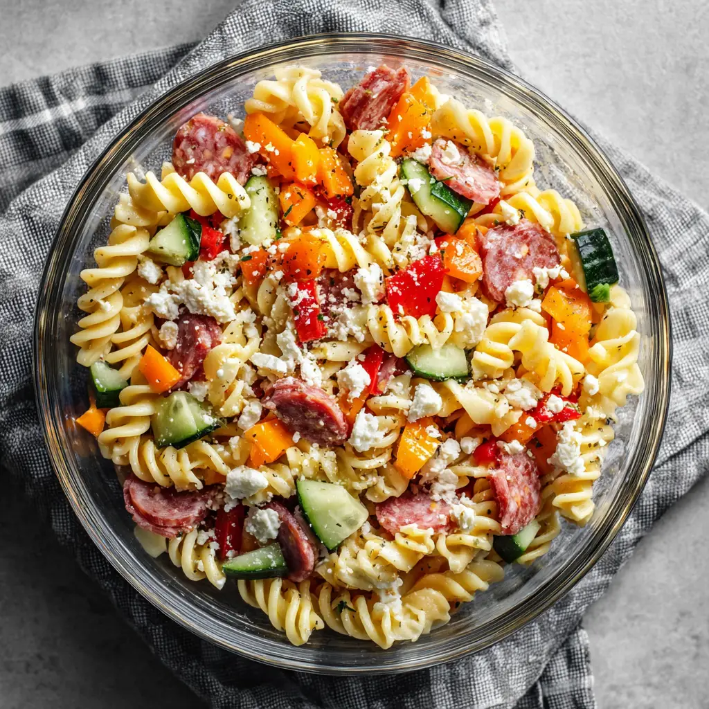 A close-up view of the easy Italian pasta salad, focusing on the texture of the rotini pasta, grilled chicken, and fresh mozzarella pearls.