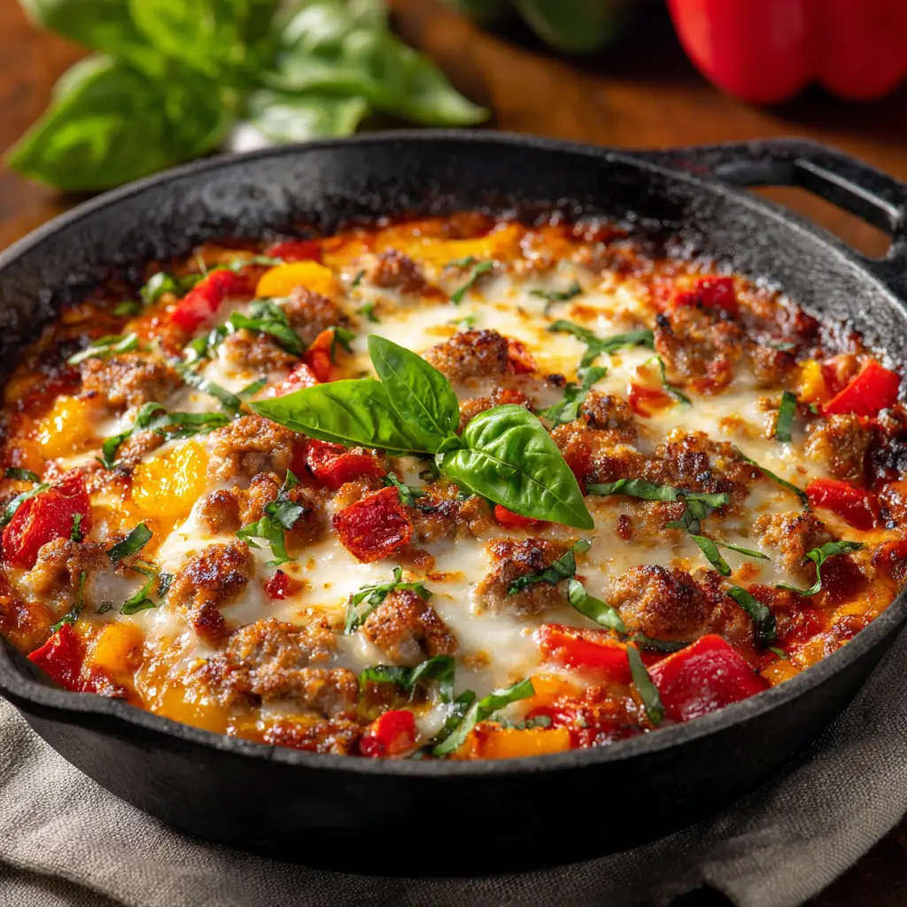 A spoonful of the easy keto pizza bowl being lifted from the dish, displaying the melted cheese and hearty ingredients.