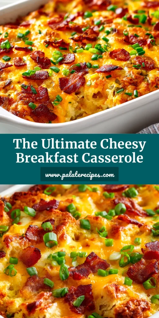 An overhead shot of a delicious make-ahead breakfast casserole in a white baking dish, ready to be served. The perfect easy recipe for a crowd.