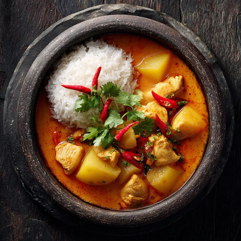 Massaman Curry Recipe (Authentic & Easy) 2 A delicious serving of our easy Massaman Curry recipe, showcasing the creamy coconut sauce, tender potatoes, and roasted peanuts.