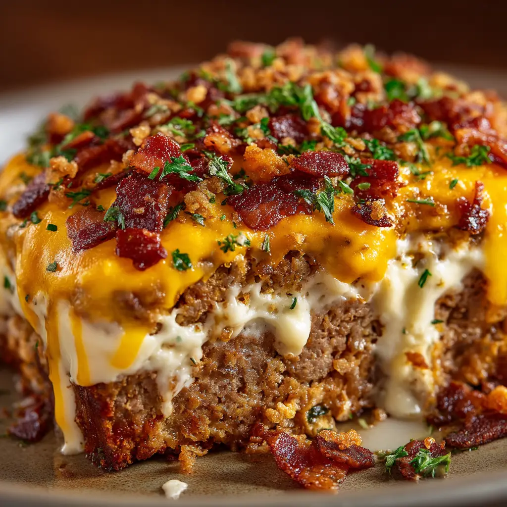 A corner slice of the loaded meatloaf casserole in a baking dish, garnished with fresh green onions.