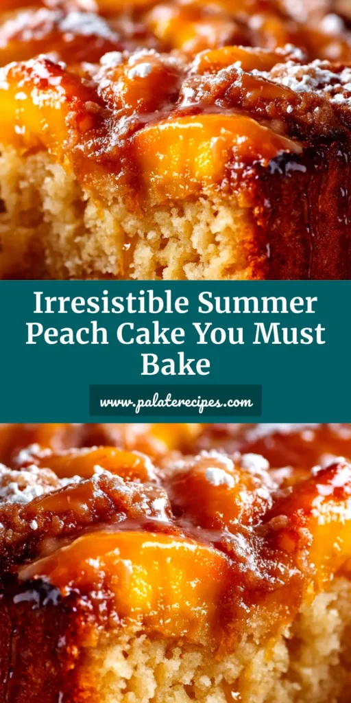 Easy Peach Cake Recipe (From Scratch!) 4 A slice of moist and easy peach cake recipe on a white plate, showing juicy peach slices baked into a golden-brown cake crumb.