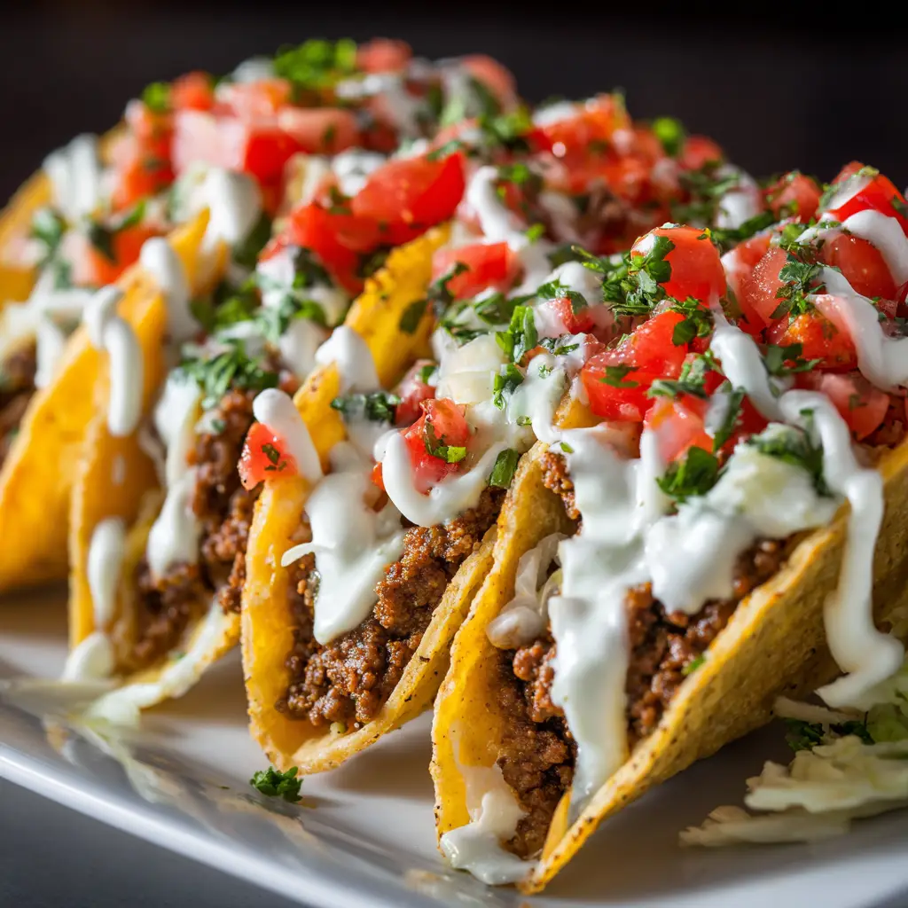 A platter of fully loaded tacos ready to be served, showcasing a fun and easy taco night recipe.