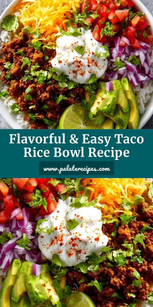 An overhead shot of a vibrant Taco Rice Bowl loaded with seasoned ground beef, rice, fresh lettuce, tomatoes, and cheese. A perfect, easy 30-minute meal idea.