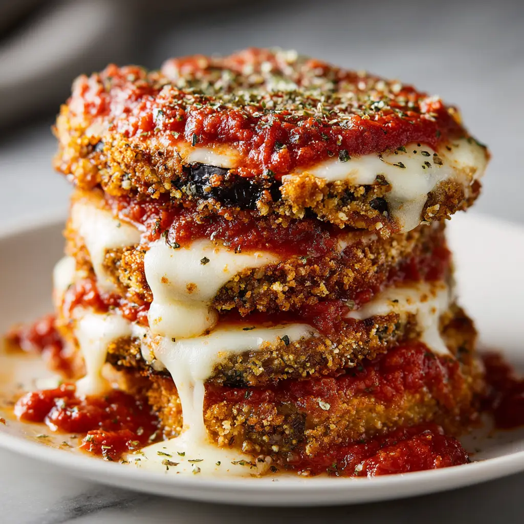 A 9x13 baking dish filled with freshly baked eggplant parmesan, with bubbly sauce and golden-brown melted mozzarella and provolone cheese on top.