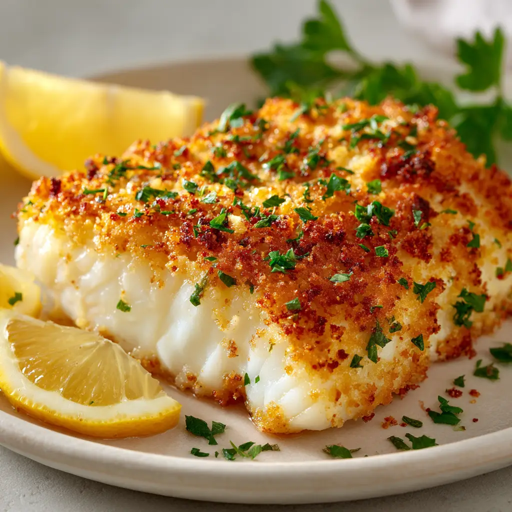 A fork flaking a piece of tender baked halibut to show the moist and perfectly cooked interior beneath the savory crust.