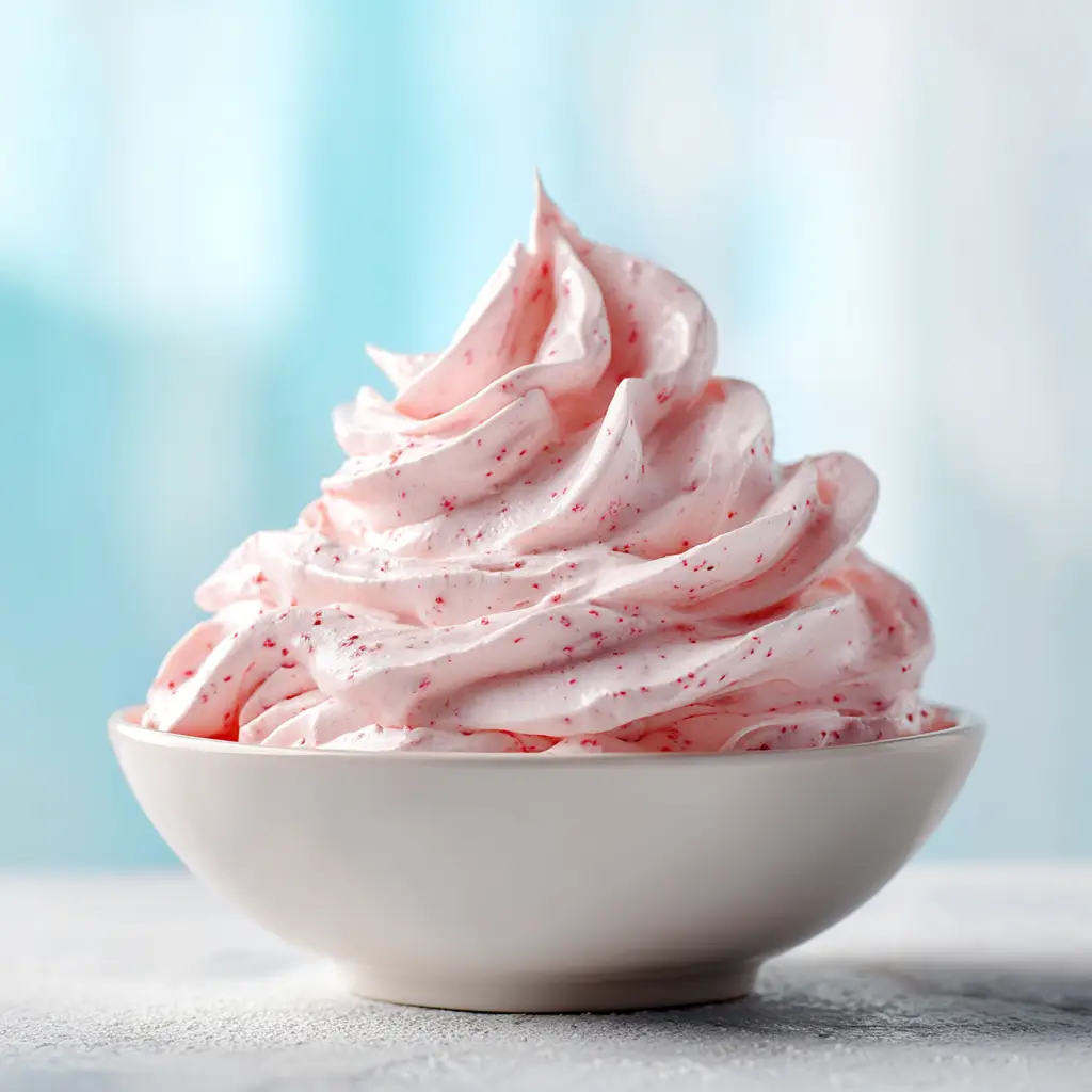 Strawberry Marshmallow Frosting (Light, Fluffy & So Easy!) 3 A spatula spreading smooth, homemade strawberry marshmallow frosting onto a vanilla cupcake.