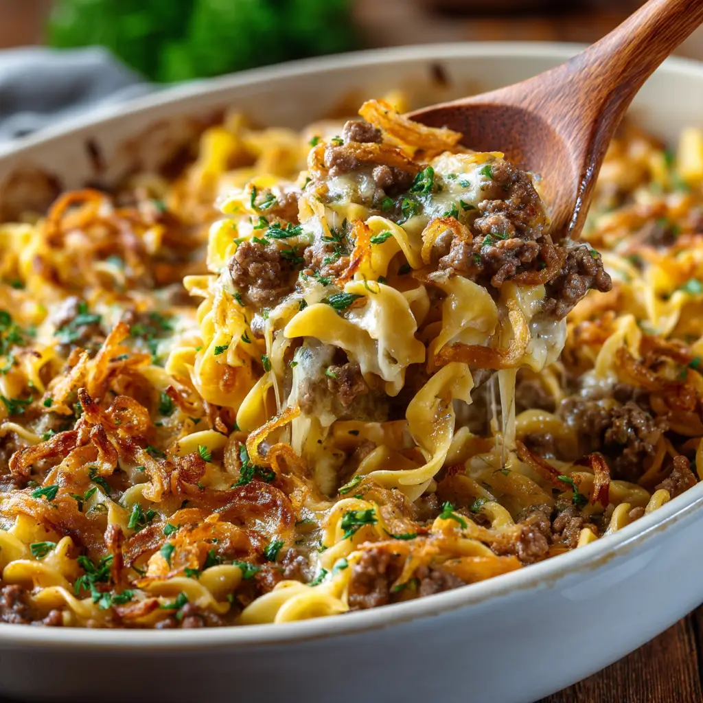 French Onion Beef Casserole: The Ultimate Comfort Meal 2 The ingredients for the French Onion Beef Casserole, including raw beef, sliced onions, and shredded cheese, arranged on a wooden surface.
