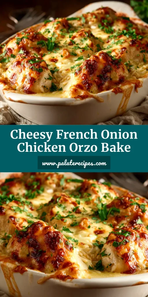 A close-up shot of a serving of French Onion Chicken Orzo Casserole in a white bowl, showing the cheesy topping and savory orzo.