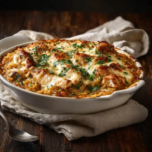 French Onion Chicken Orzo Casserole