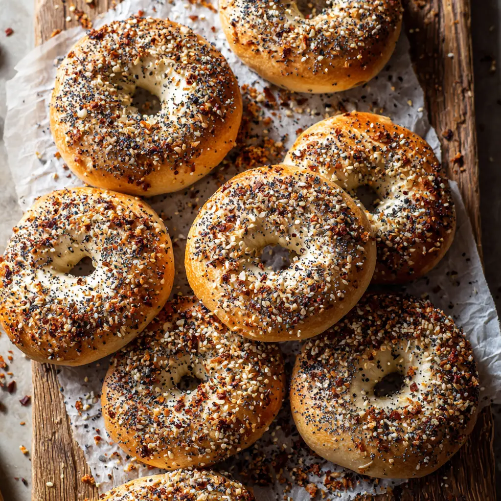 A collection of freshly baked bagels made using a New York Style Bagel Recipe, ready to be eaten.