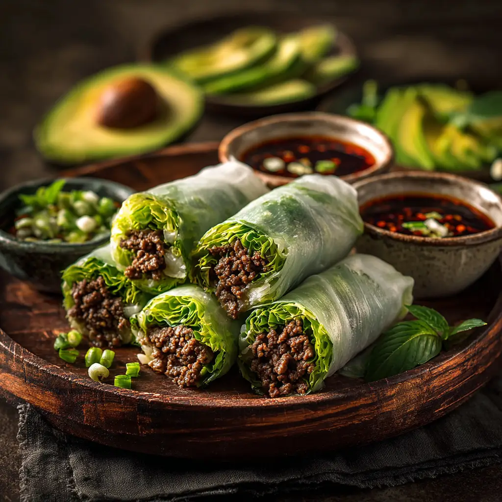 Thai Basil Beef Rolls (Easy & Fresh Recipe) 2 A beautiful platter of finished Thai basil beef spring rolls ready to be served with a side of delicious peanut sauce.