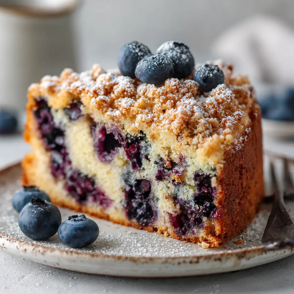 The full 9x9 inch blueberry coffee cake just after baking, showing the golden brown streusel topping.