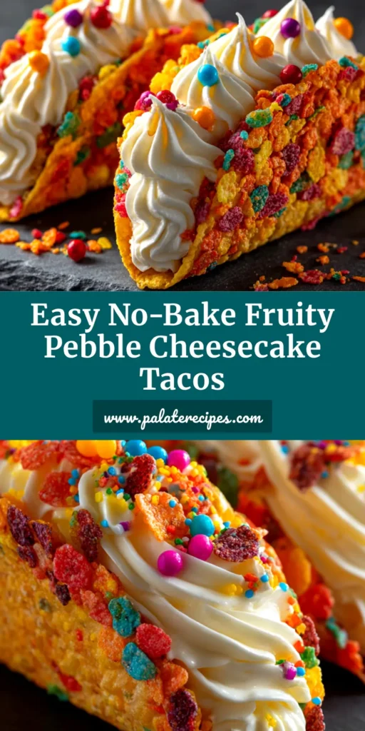 Fruity Pebbles Cheesecake Tacos (The Ultimate Viral Dessert) 5 A close-up shot of three finished Fruity Pebbles Cheesecake Tacos arranged on a colorful plate, showcasing the vibrant cereal coating and creamy filling.