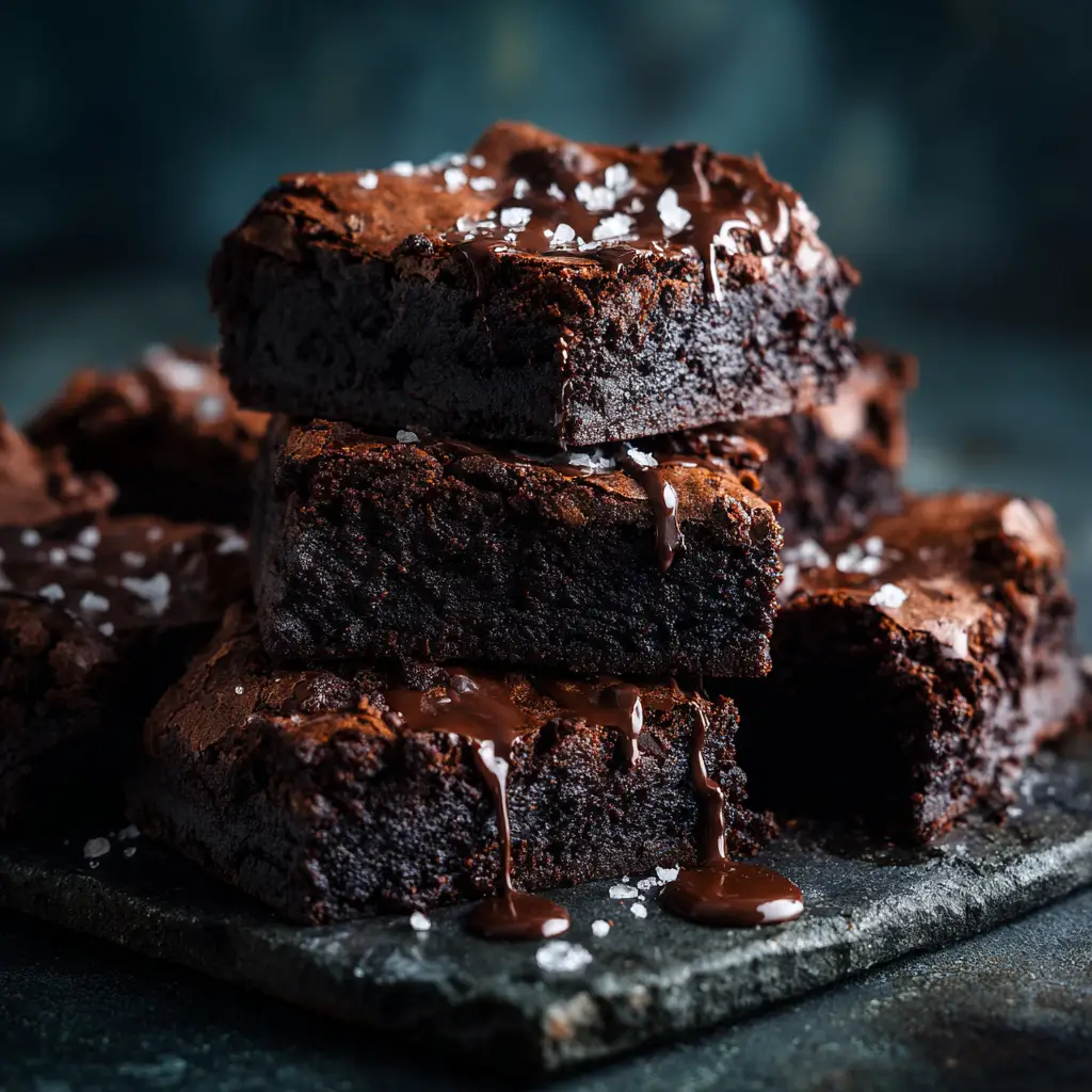 A close-up shot of a fudgy vegan brownie, showing its moist and chewy texture.