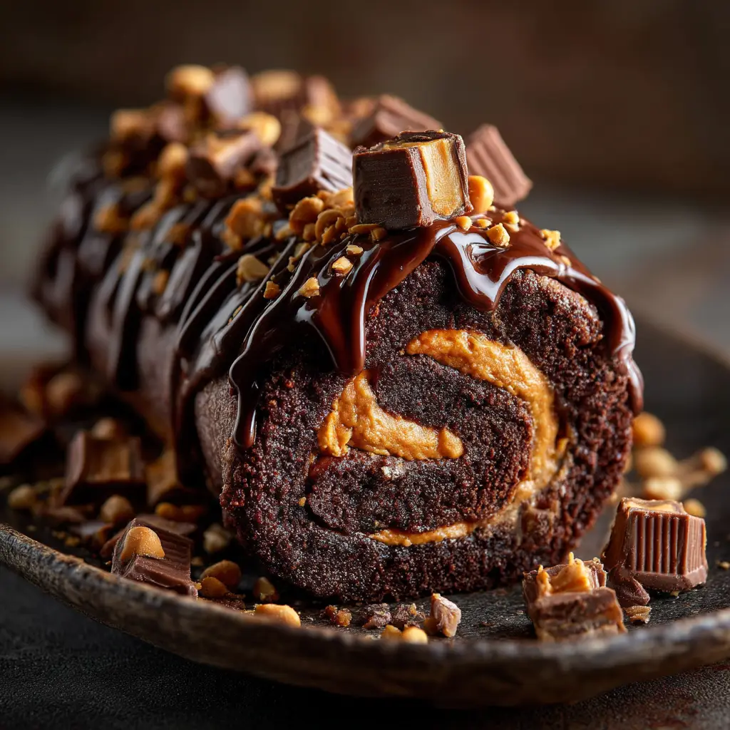 Chocolate Peanut Butter Cake Roll: The Ultimate Swirl of Decadence 3 The full Chocolate Peanut Butter Cake Roll before being sliced, dusted with cocoa powder and sitting on a piece of parchment paper.