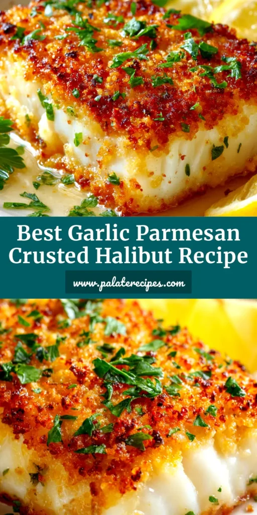 A perfectly cooked fillet of Garlic Parmesan Crusted Halibut on a white plate, ready to be served. The crust is golden brown and crispy.