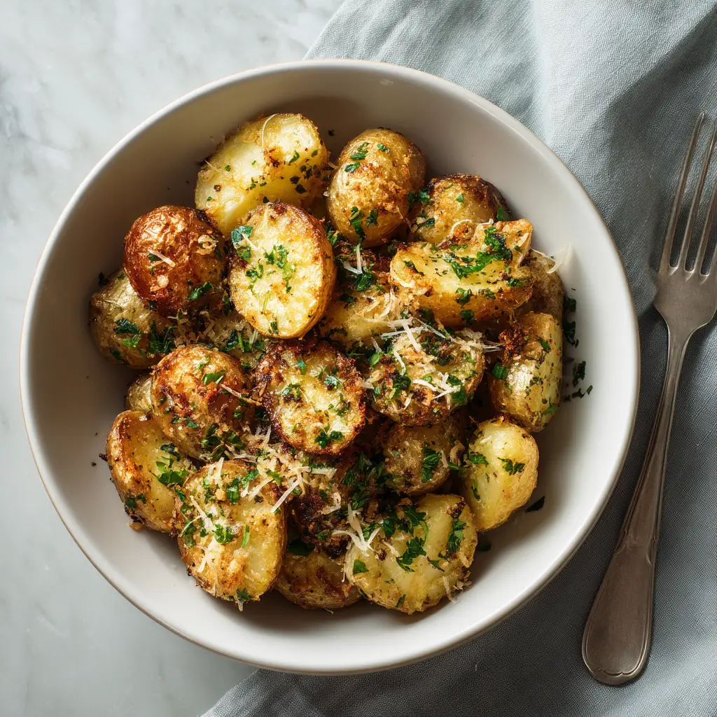 A bowl of finished garlic parmesan crusted potatoes, highlighting the melted cheese and fresh parsley garnish.