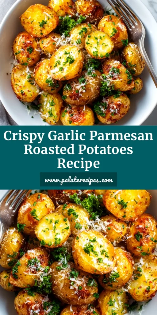 A top-down view of perfectly crispy Garlic Parmesan Roasted Potatoes in a white serving bowl, garnished with fresh parsley.