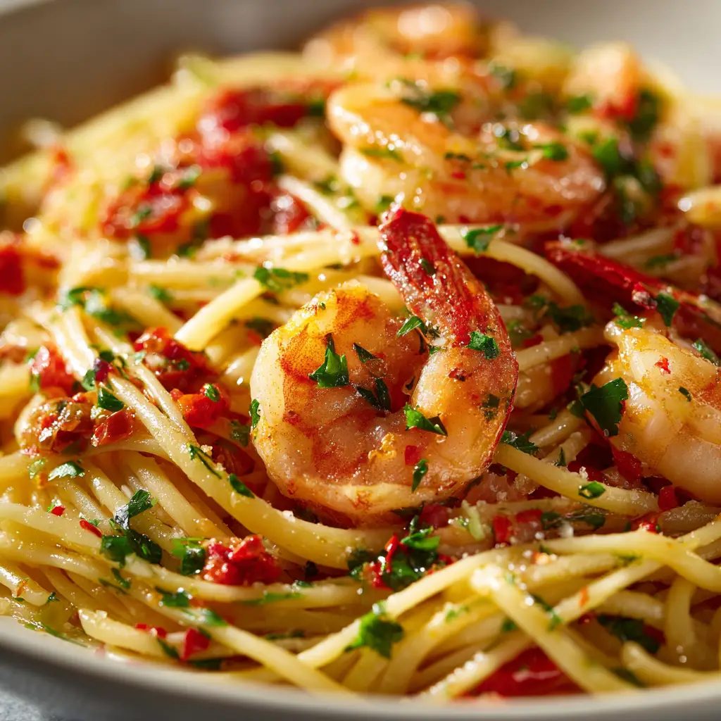A gourmet plating of garlic prawn linguine, showcasing the fresh parsley and vibrant red chilli flakes as a garnish.