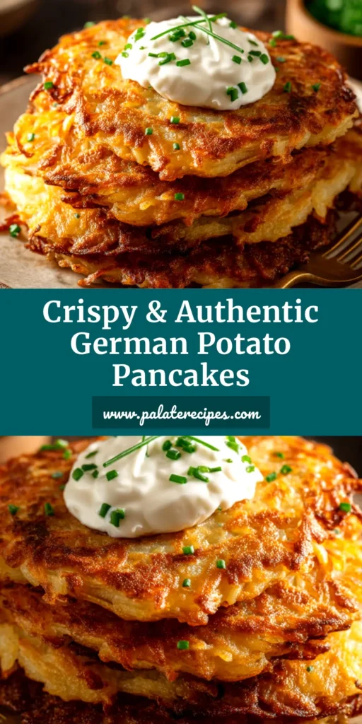 German Potato Pancakes (Authentic Kartoffelpuffer) 5 A stack of crispy German potato pancakes on a plate, served with a side of applesauce and sour cream. The pancakes are golden-brown with lacey edges.