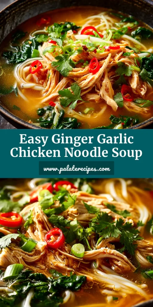 Ginger Garlic Chicken Noodle Soup: The Ultimate Comfort Bowl 5 A beautiful overhead shot of a bowl of Ginger Garlic Chicken Noodle Soup, perfect for a comforting meal. The pin text is clear and inviting.