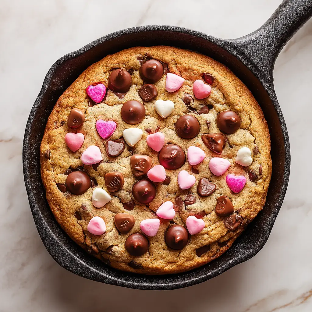 Valentine's Skillet Cookie: The Perfect Dessert for Two 3 An extreme close-up shot of the warm, golden-brown chocolate chip skillet cookie, showing the gooey, melted chocolate chips inside.