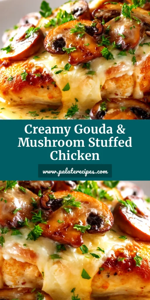 Gouda & Mushroom Stuffed Chicken (The Ultimate Cheesy Dinner) 5 A perfectly cooked Gouda & Mushroom Stuffed Chicken breast sliced in half to show the gooey, cheesy filling inside, served on a white plate.