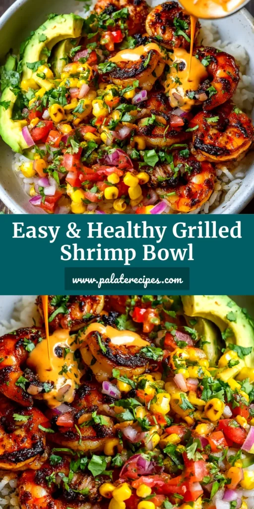 An overhead shot of a vibrant Grilled Shrimp Bowl loaded with cilantro lime shrimp, black beans, corn, and avocado in a white bowl.