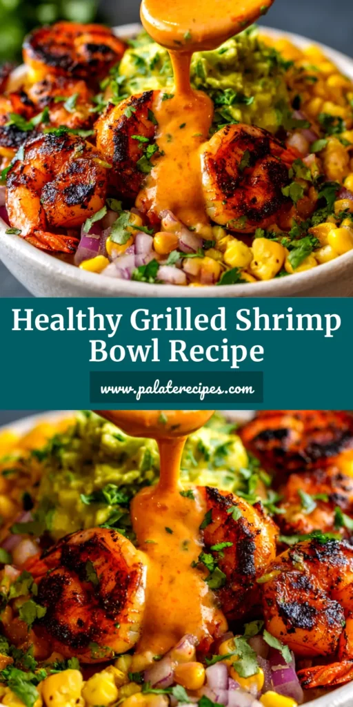 An overhead shot of a delicious grilled shrimp bowl, packed with rice, corn, beans, avocado and drizzled with a creamy cilantro lime dressing. The perfect healthy and easy meal.