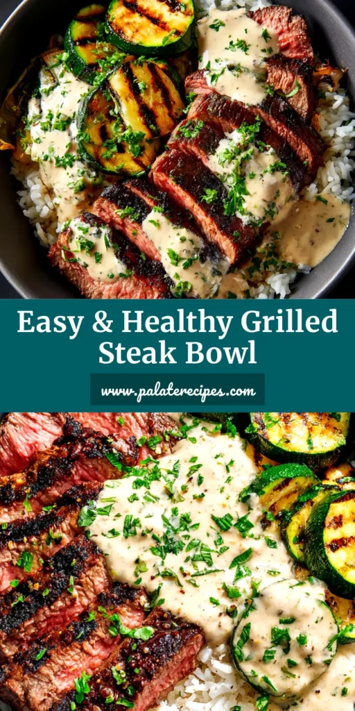 A vibrant and delicious Grilled Steak Bowl recipe, shown in a white bowl with juicy sliced steak, corn, black beans, avocado, and a drizzle of chipotle crema.