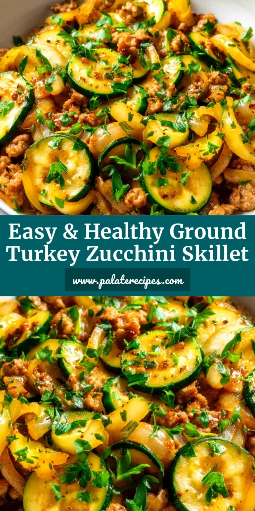 A serving of Ground Turkey and Zucchini Skillet in a white bowl with a fork. The dish is colorful with ground turkey, diced zucchini, and tomatoes, garnished with fresh parsley.