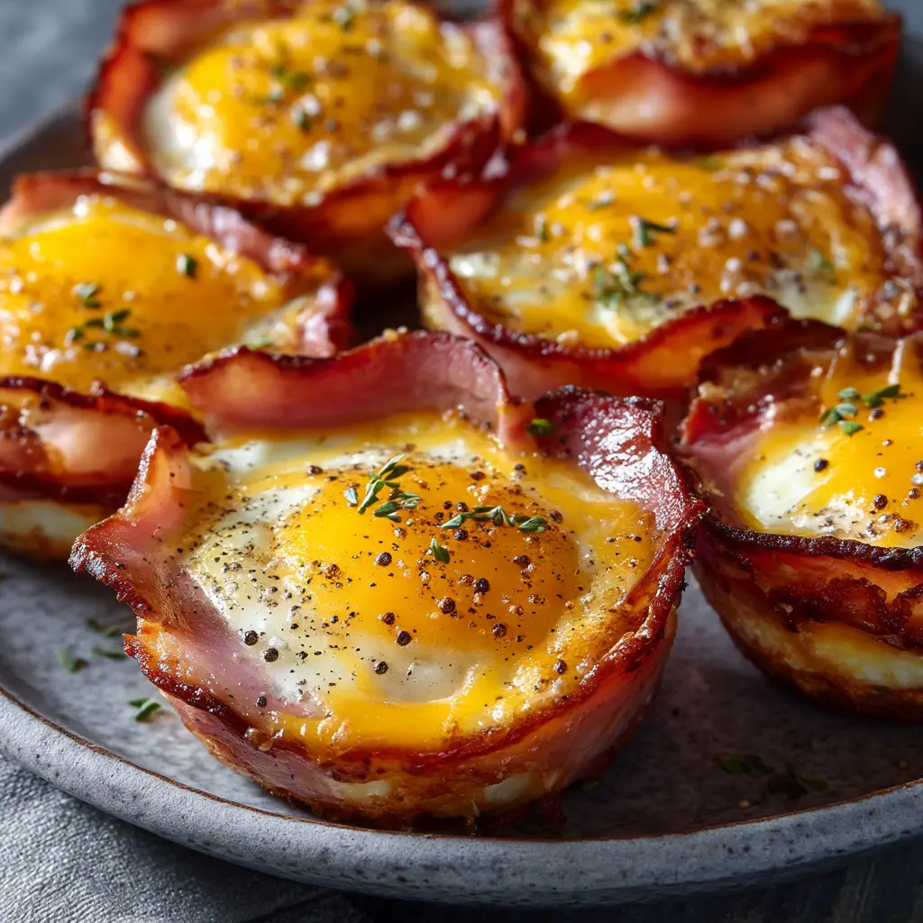 Ham and Egg Cups: The Easiest, Tastiest Breakfast 2 A close-up of a single ham and egg cup showing the tender egg and melted cheese inside the crispy ham shell.