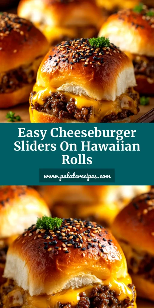 A close-up of golden-brown baked Hawaiian Roll Cheeseburger Sliders being pulled apart, showing the melted cheese and savory beef filling. A perfect party food recipe.