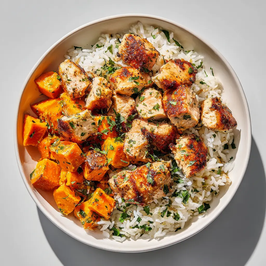 Another angle of the healthy chicken bowl with sweet potatoes, emphasizing the fresh ingredients like sliced avocado and the creamy cilantro-lime dressing.