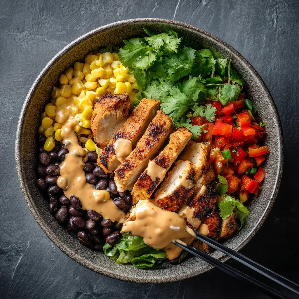 Chipotle Chicken Bowl (The Ultimate Homemade Recipe) 2 A fully assembled healthy chicken burrito bowl with all the toppings, including lettuce, cheese, and sour cream, ready to be served.