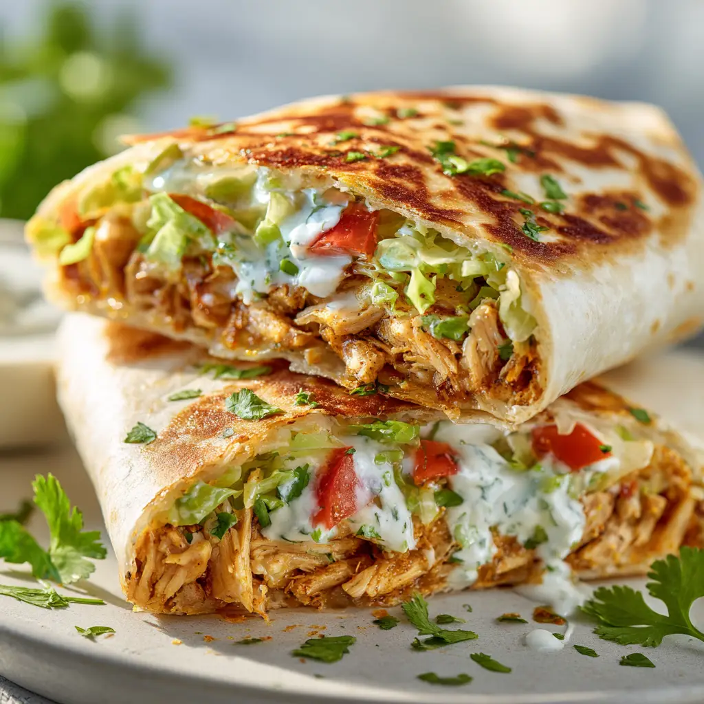 Healthy Chicken Crunch Wrap: Your New Favorite 30-Minute Meal 3 A close-up shot of a golden-brown Healthy Chicken Crunch Wrap on a plate, sliced in half to reveal the inner layers of seasoned chicken and fresh vegetables.